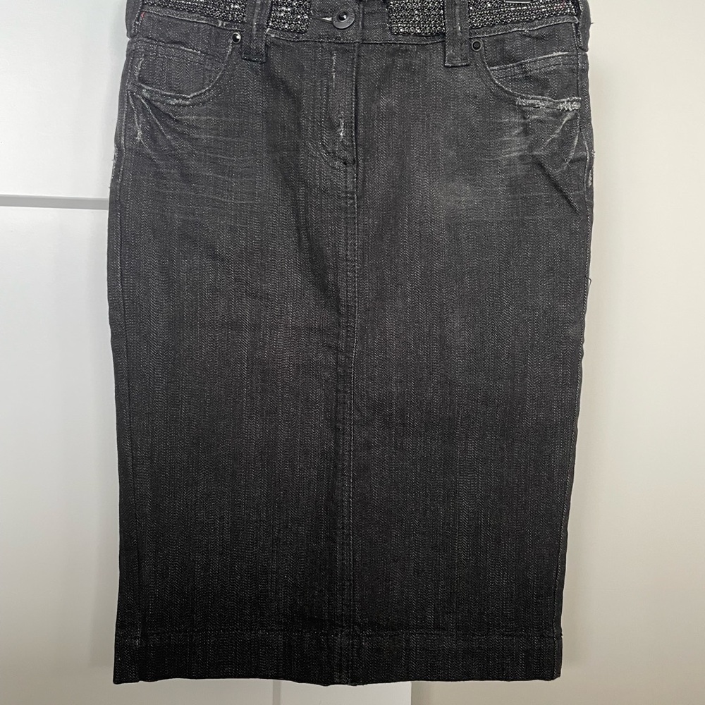 Black denim pencil skirt.